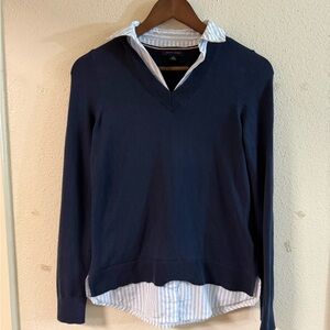 Tommy Hilfiger Women’s Pullover Navy V-Neck knit Sweater striped shirt collar XS